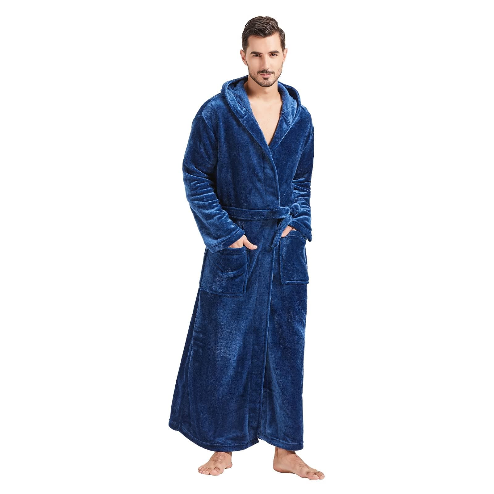 Mens Robes Big and Tall with Hood Two-Tone Flannel Fleece Contrast Bathrobe Full Length Plush Long Robe House Coat