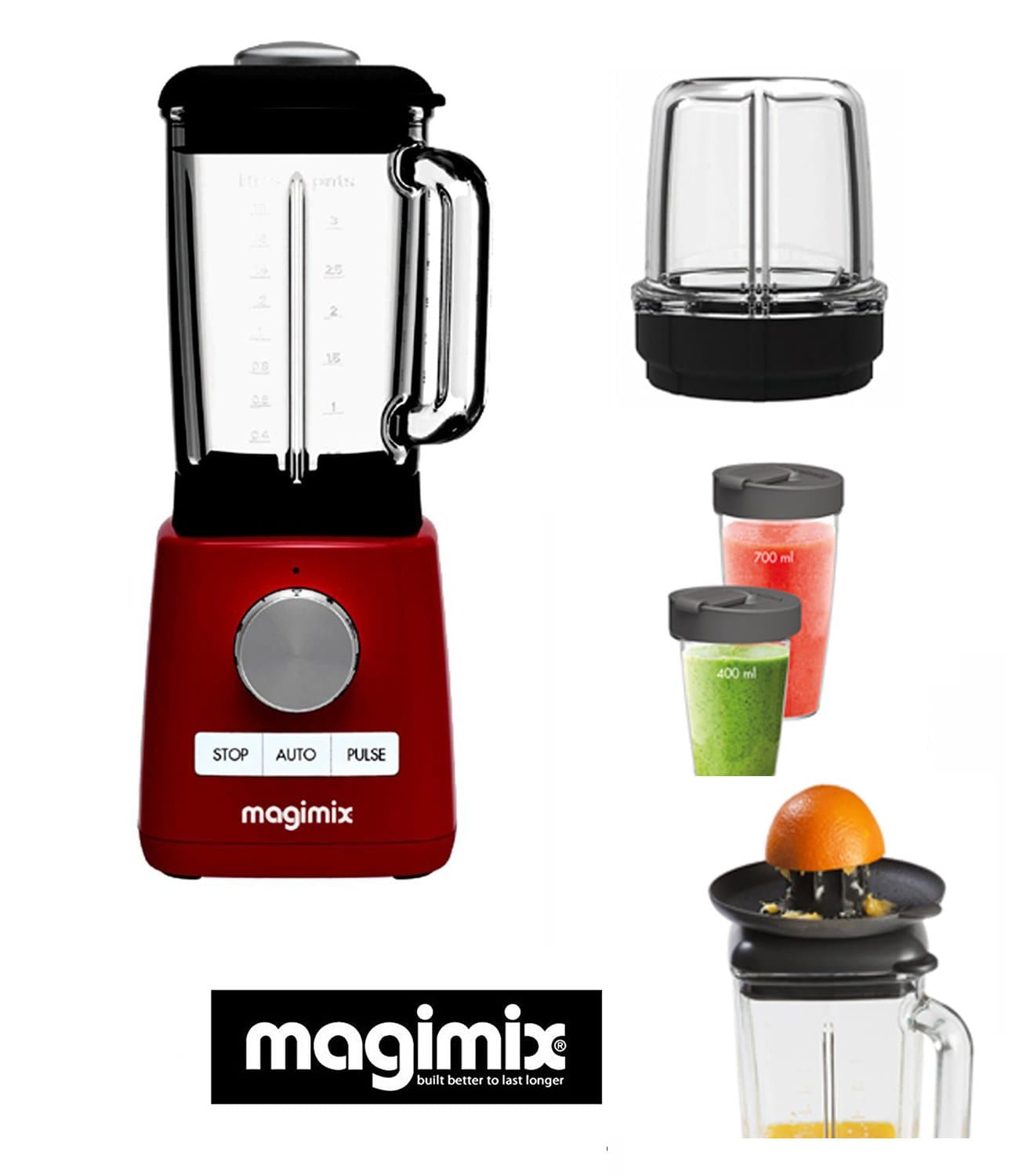 Magimix Blender Red with more optional (CITRUS PRESS-MILL ATTACHMENT for grinding spices, BLENDCUPS capacity of 400 & 700m)