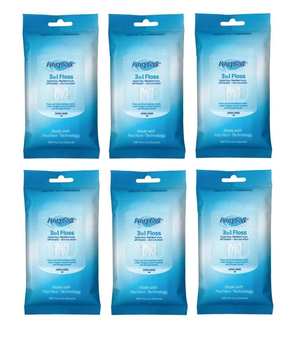 3-in-1 Dental Floss for Optimal Teeth Flossing​- 6 Packs Pre-Cut Ortho Floss Threaders for Braces, Tight Spaces, Bridges, Implants with Built-in Soft Proxy Brush and Stiff Threader Flosser