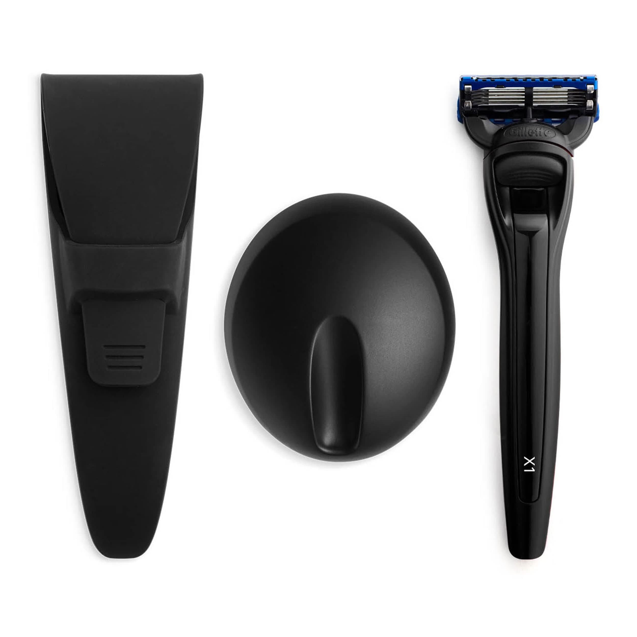 Handle with Razor Stand and Waterproof Travel Case in Red. Fitted with Gillette Fusion5 Blade Cartridge. Made in England. Style is X1 (BLACK)