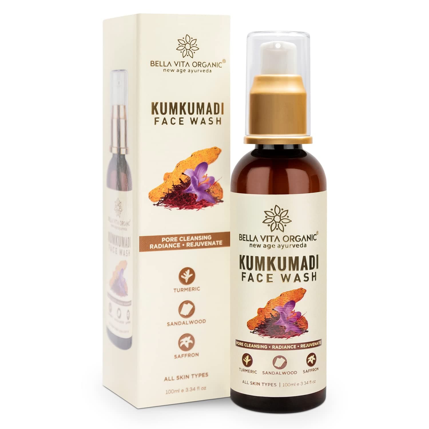 Kumkumadi Face Wash 100ml with Kumkumadi Oil, Turmeric, Sandalwood for Deep Cleansing & Radiant Skin, Reduces Dark Spots, Blemishes, Acne for Men & Women