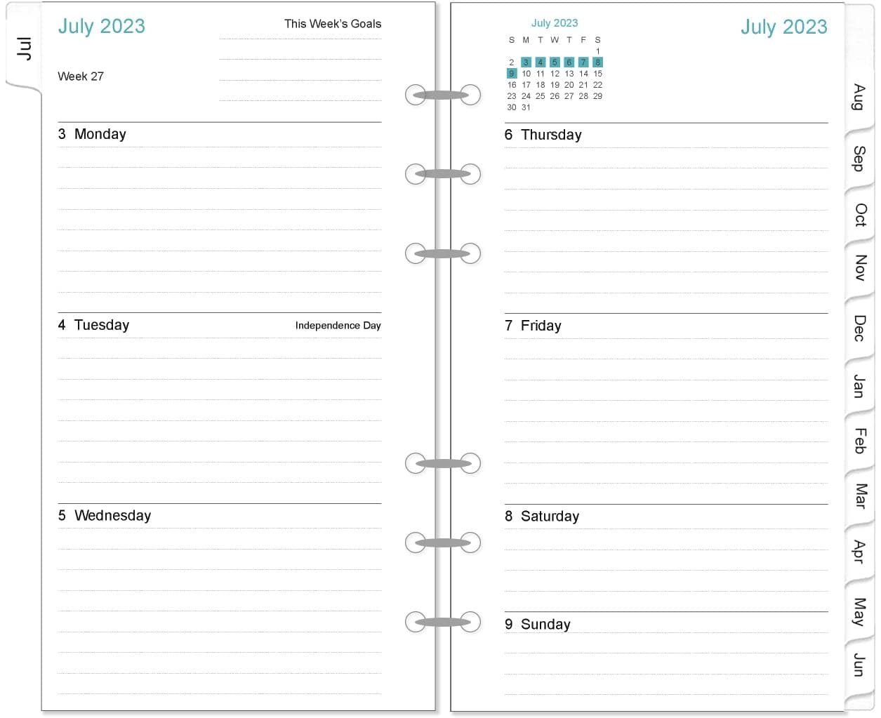 2023-2024 Planner Refills, 2023 Weekly & Monthly Planner Refills for A6 Binder, Runs from July 2023 to June 2024, 6-Hole Refill Planner with Tabs, Person Size/Size 3, 3.75" x 6.75", Teal Leaf