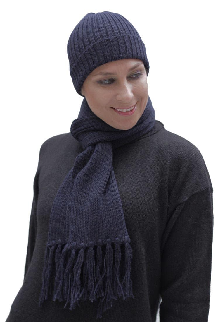 Superfine Alpaca Wool 2 Piece Knitted Beanie Hat & Scarf Set, Navy Blue