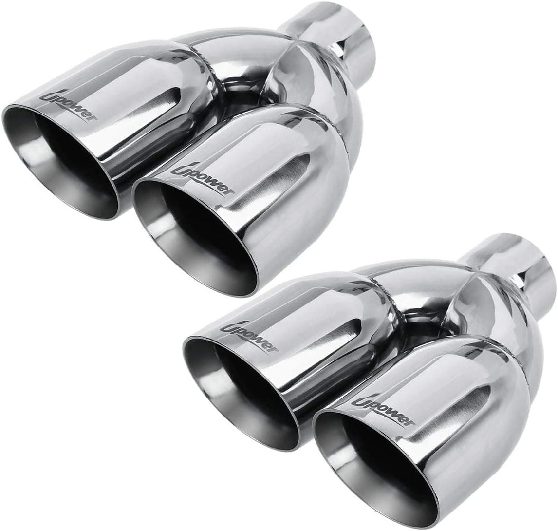 Upower Pack of 2 Dual Exhaust Tip Tailpipe 2.5 Inch Inlet 3.5" outlet 9.5" Length Polished 304 Stainless 1.2mm Thickness (Double Wall Slant Edge)