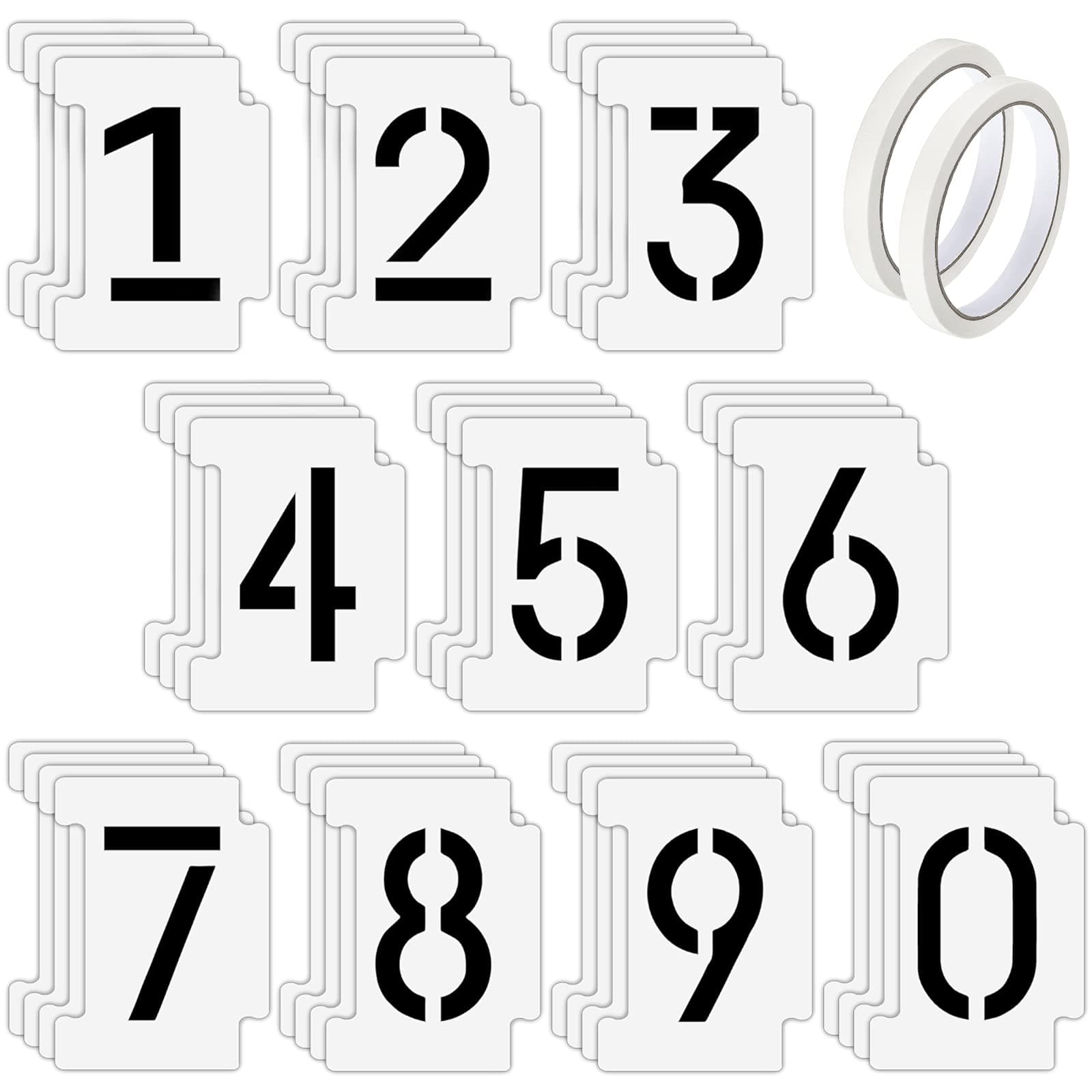 40 Pieces Curb Stencil Kit 0-9 Interlocking Numbers Stencils Kit 1.9 Inch Tall Plastic Number Stencil with Masking Tape for Mailbox Address Painting, 4 Pieces Each Number