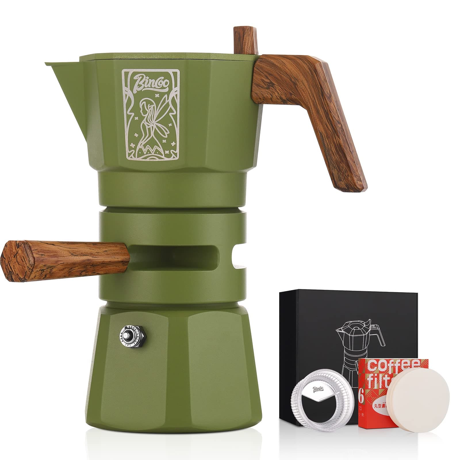 Bincoo 120ML Stovetop Espresso Maker Double Valve Moka Pot with Thermostat Extractor Prevent over-extraction,Italian Espresso Moka Pot with Powder Dispenser and Filter Paper for Home(Green)