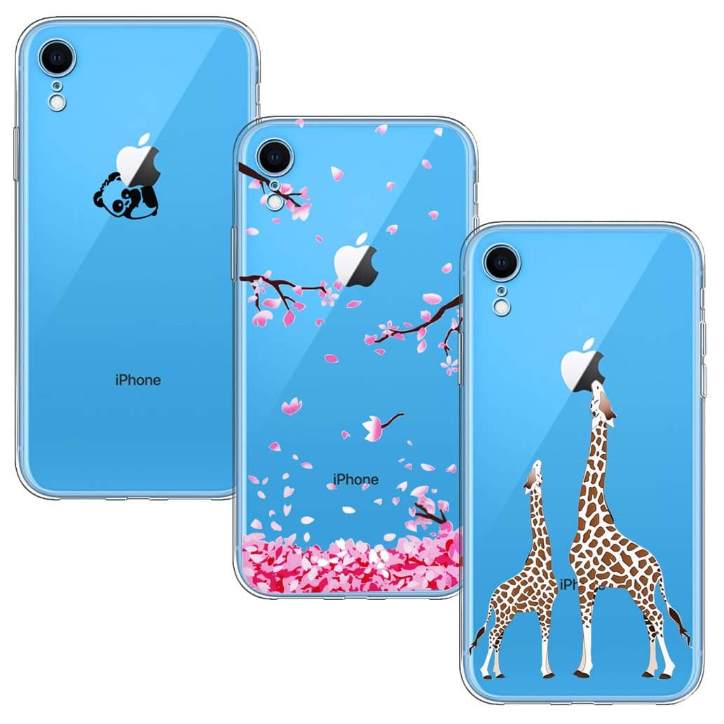 Yoowei 3-Pack iPhone XR Case, Ultra Thin Crystal Clear Case with Stylish Cute Cartoon Flowers Pattern Soft Flexible Silicone Gel TPU Bumper Cover for iPhone XR - 2 Giraffes, Cherry Blossom & Panda