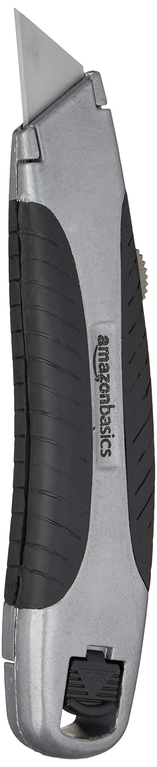 Amazon Basics Soft Grip Retractable Utility Knife with 3 Carbon Steel Blades, Quick Change Blade System, Black/Silver