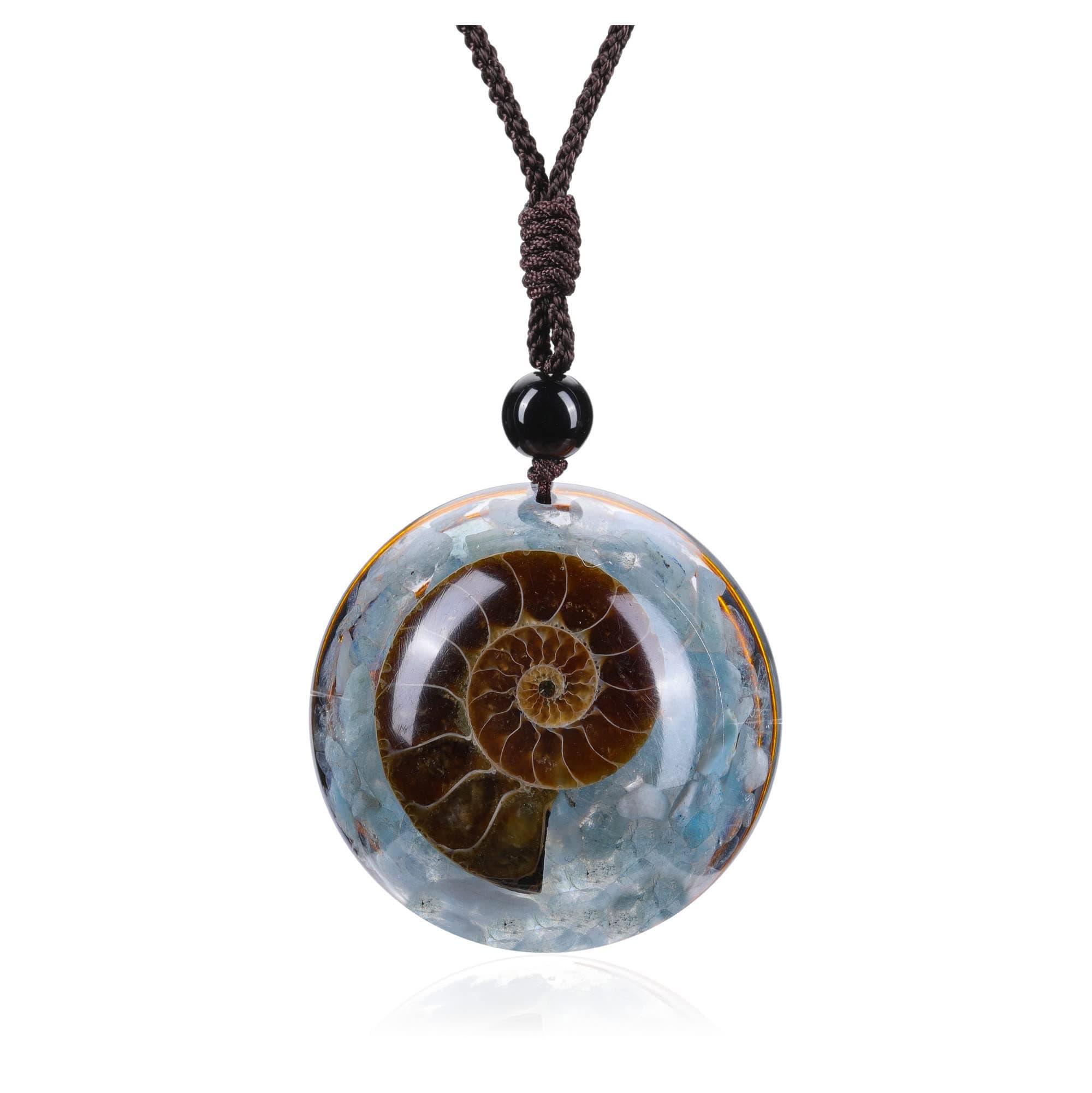 7 Chakra Gemstone Reki Healing Crystal Necklace Round Circle Shape Ammonite Fossil Resin Chip Stones Pendant Necklace for Women Men Tree of Life Jewelry Christmas Gifts