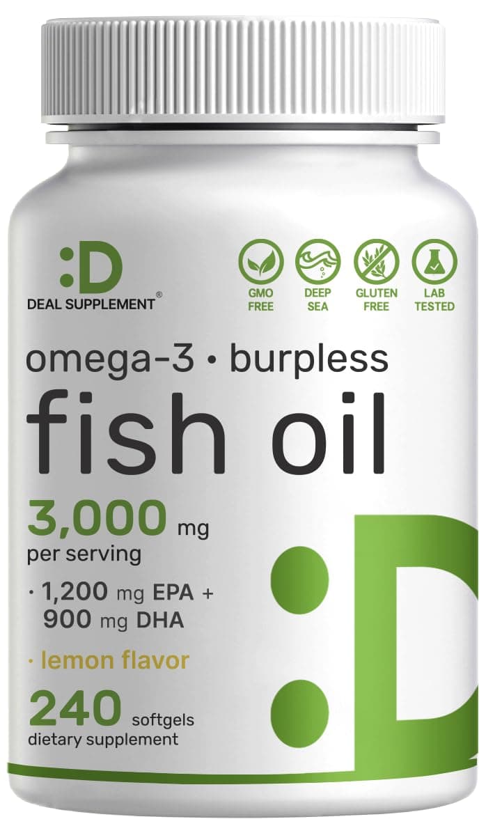 Omega 3 Fish Oil Supplements, 3,000mg Per Serving, 240 Softgels – EPA 1,200mg + DHA 900mg – Burpless Pills, Lemon Flavored, Wild Caught – Brain & Heart Support – Mercury Free, Non-GMO