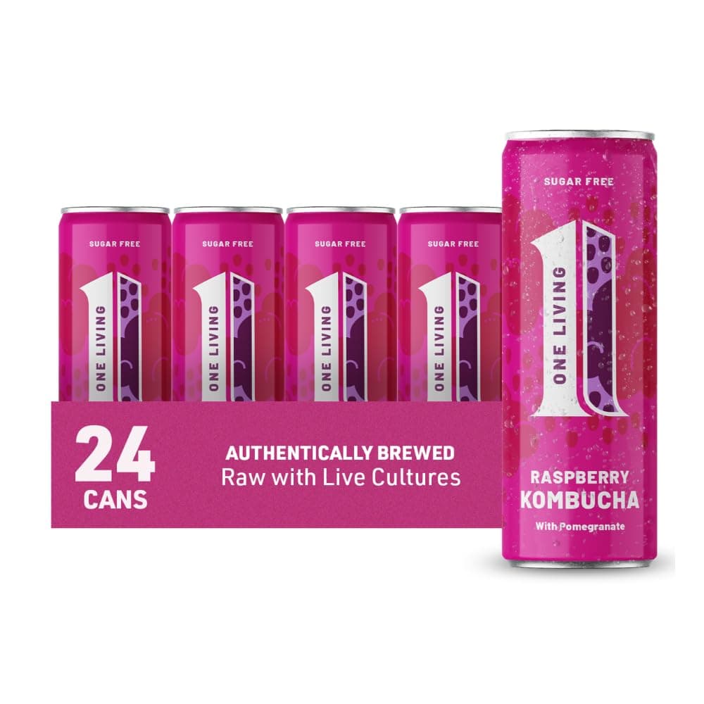 One Living Kombucha Drink - Raspberry with Pomegranate - 24 x 250ml Cans - Sugar Free, Great Tasting Authentically Brewed Kombucha with Live Cultures - Lightly Sparkling, 100% Natural, Vegan