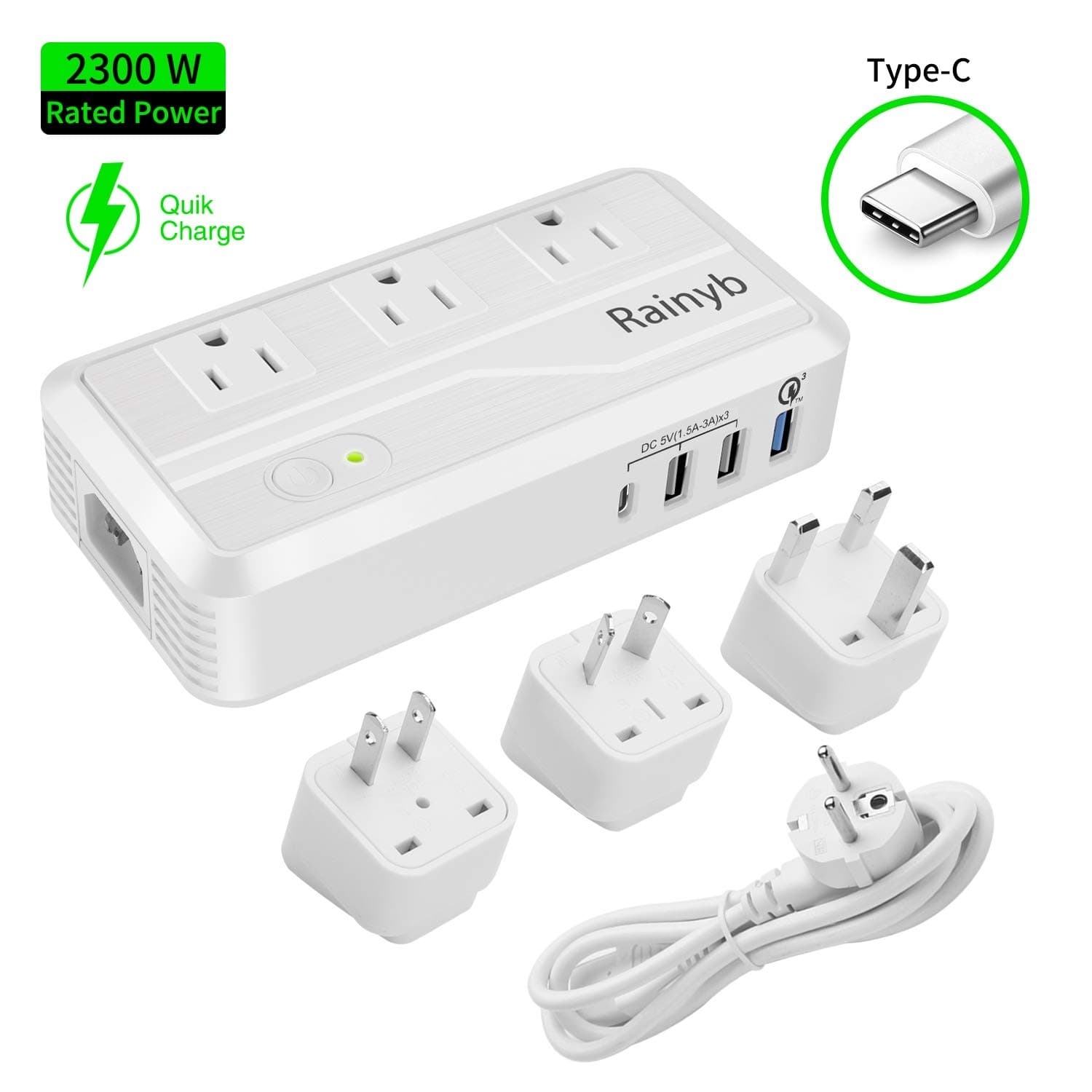 Rainyb 2300W Step Down 220V to 110V Voltage Converter & Universal Travel Adapter Transformer with 3 USB Ports,Type-C,3 AC Outlets and UK/AU/US/EU Worldwide Plug Adapter, Power Converter for Hair Dryer