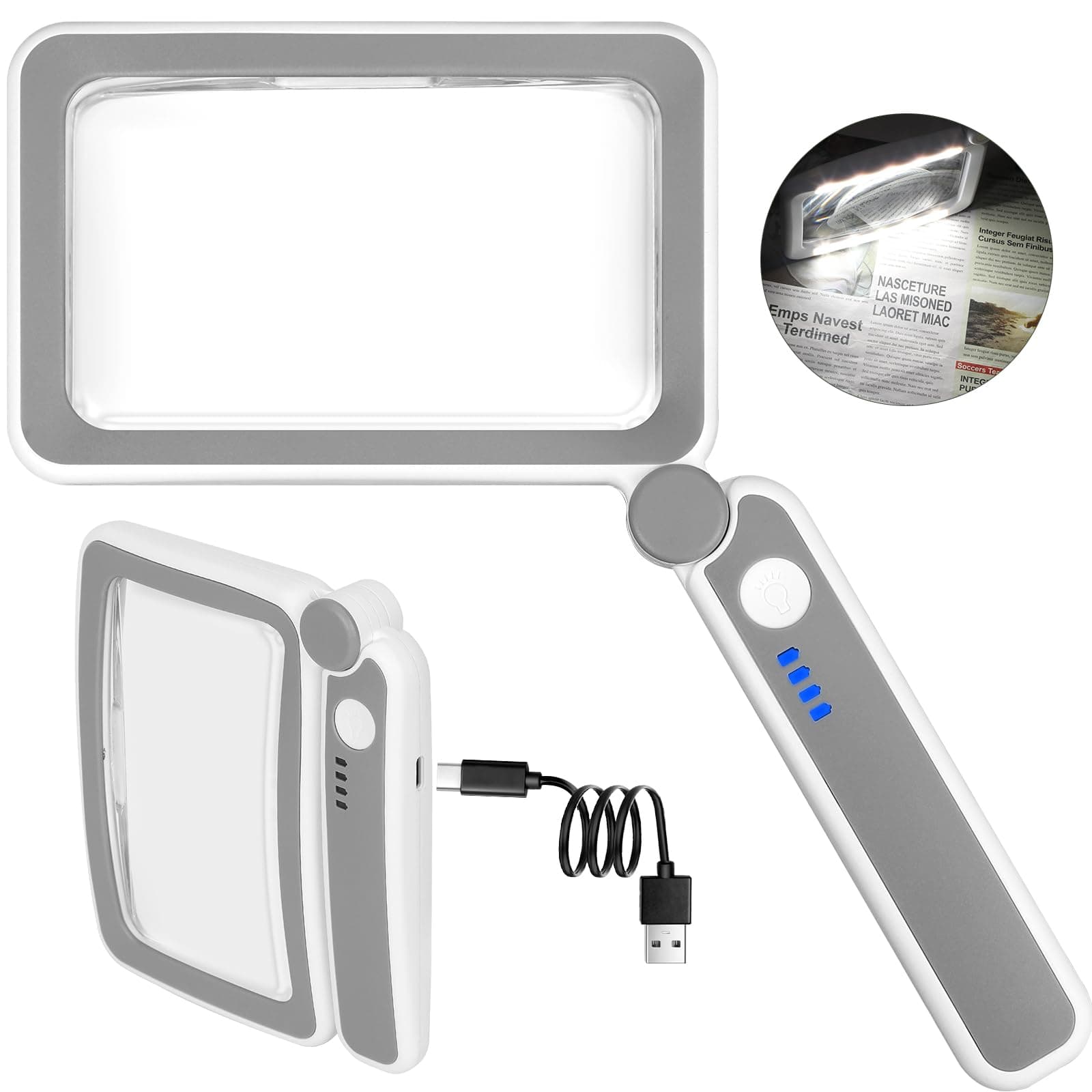 – Rechargeable 5X Magnifying Glass for Reading, Handheld Page Magnifying Glass with Light for Low Vision Seniors, Lightweight LED Magnifier for Reading Books, Newspaper, Small Print