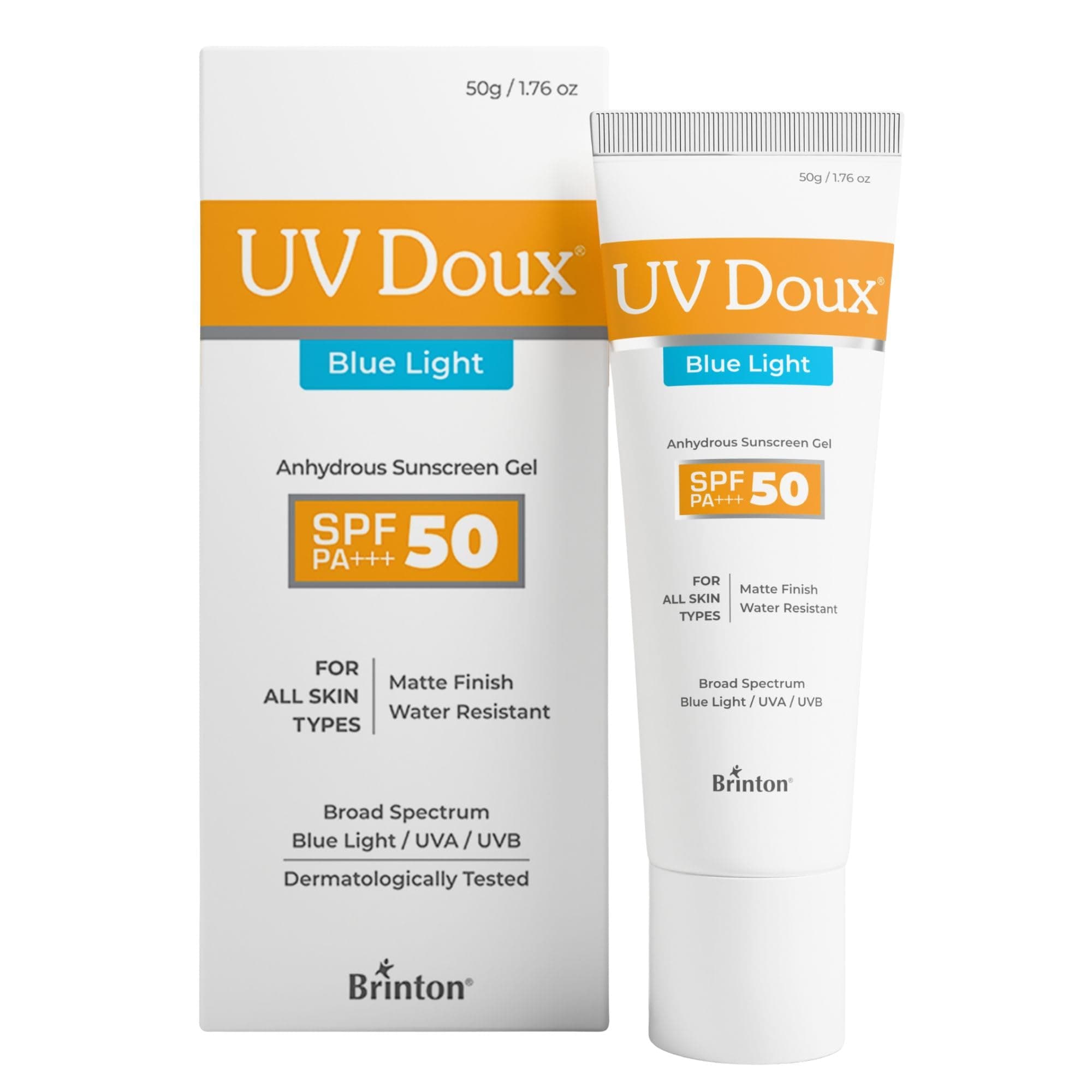UV Doux Blue Light Tinted Sunscreen Gel SPF 50 PA+++ Broad Spectrum Blue Light & UVA/UVB Protection Matte Finish with Sweat & Water Resistant For Men & Women Dermatologist Approved, 50gm