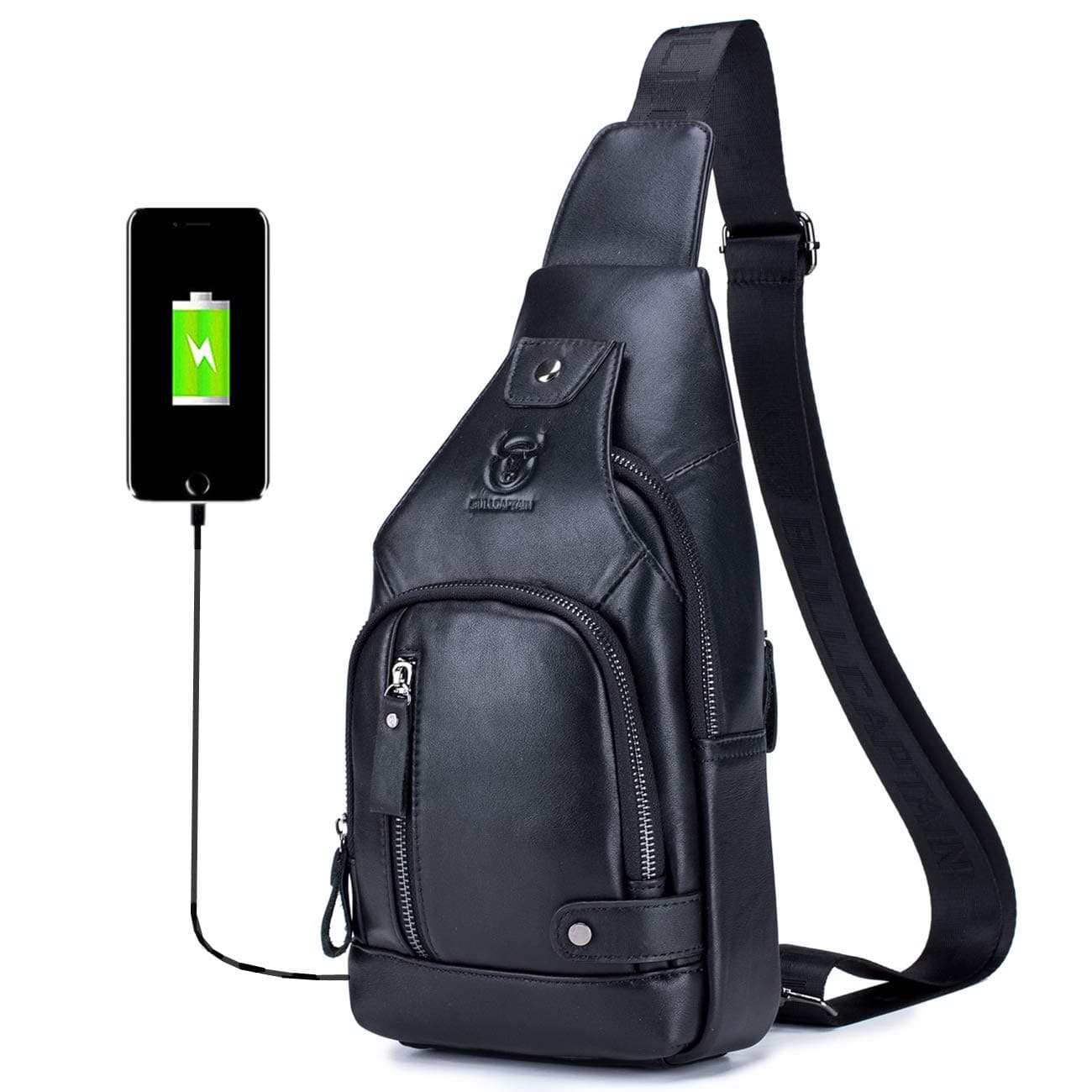 BULLCAPTAIN Genuine Leather Sling Bag with USB Charging Port Multi-pocket Chest Bag for Men Hiking Travel Daypack XB-129