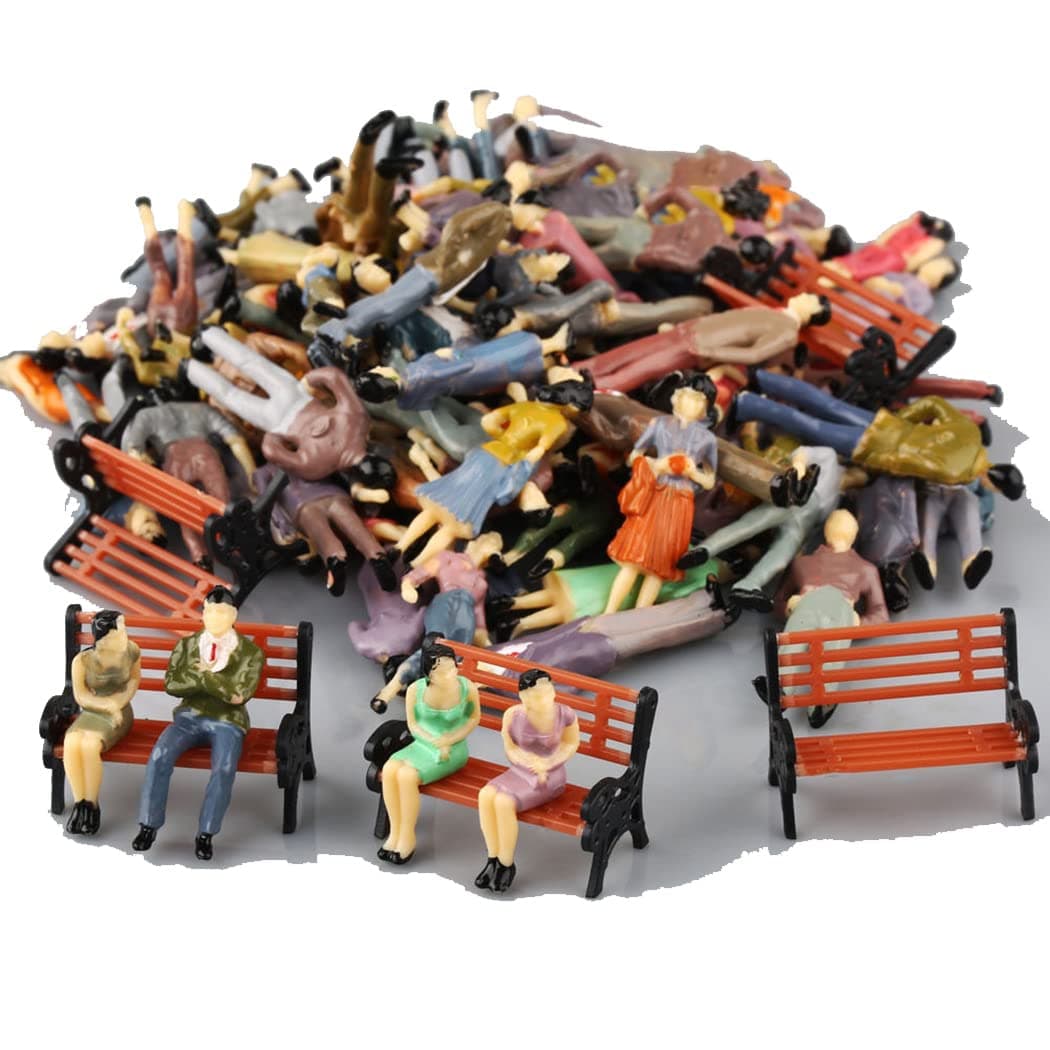 50 Pcs Seated Standing Pose People Figures, Small Painted Model People Passanger Figures, 1:50 Scale, With 6 Bench Train Railway Layout for Miniature Model Railway Trains Scenes