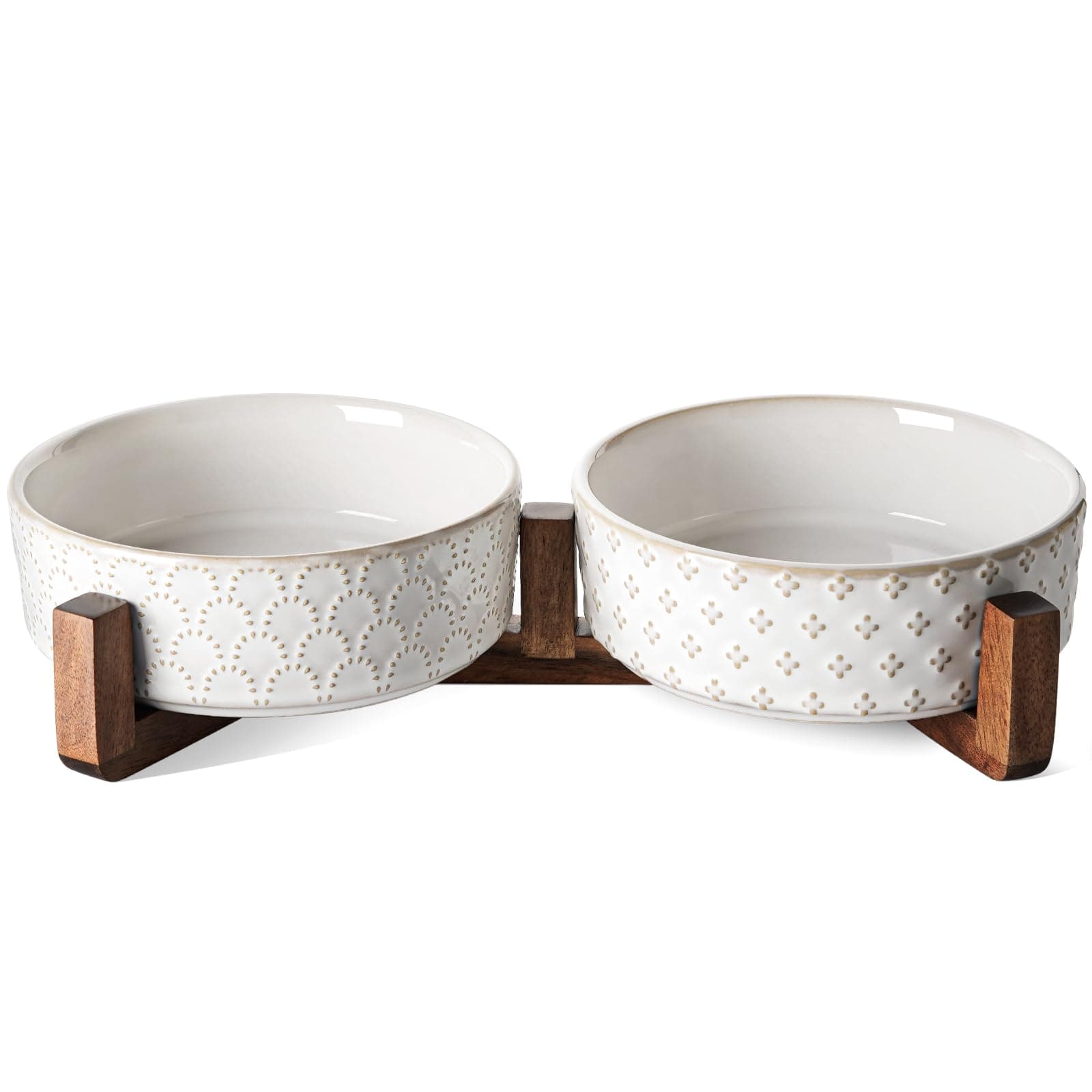 Dog Bowl Set with Acacia Wood Stand - 1.5-Cup Ceramic Puppy Bowls for Small Dogs, Dual Food and Water Bowls with Weighted Non-Slip Base