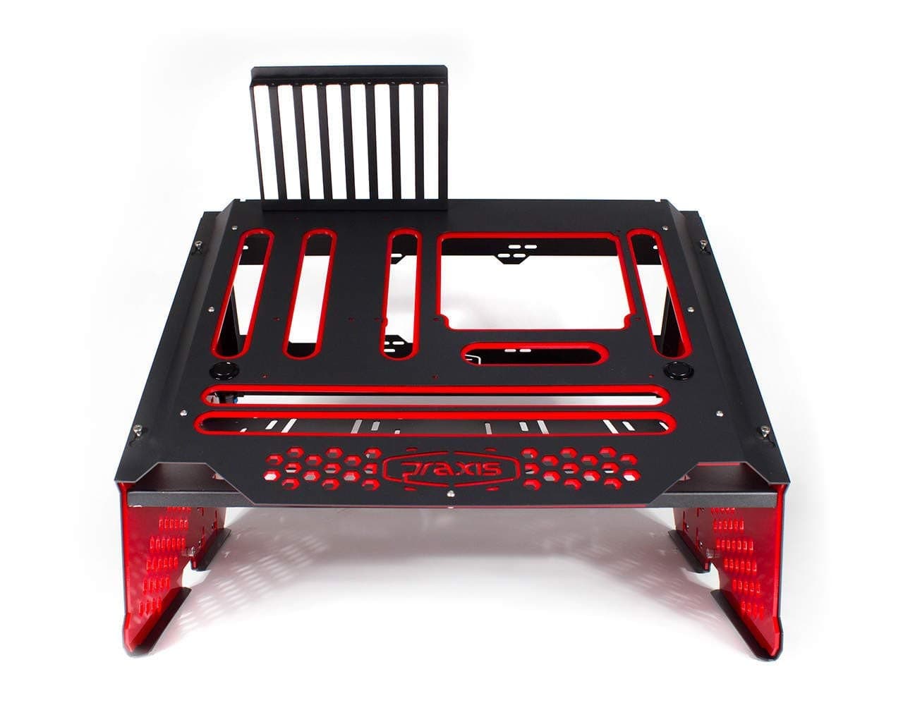 PrimoChillPraxis Wetbench Powdercoated Steel Modular Open Air Computer Test Bench for Watercooling or Air Cooled Components - Black w/Solid Red Accents