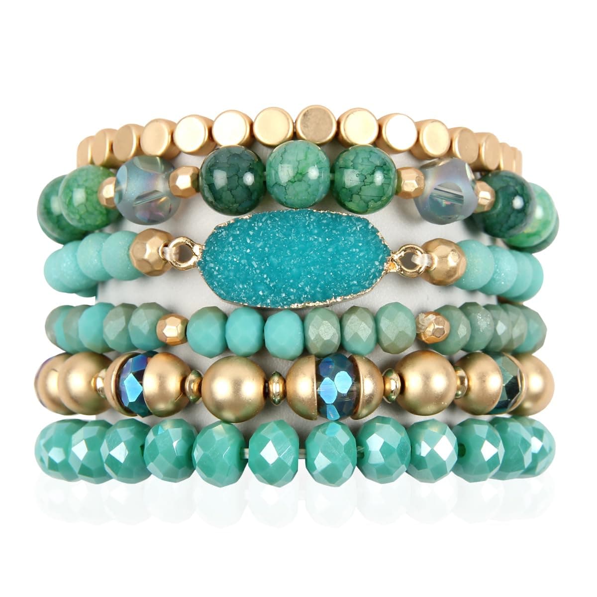RIAH FASHIONBohemian Acrylic Druzy Multi-Layer Bead Statement Bracelet - Versatile Faux Stone Pendant Stretch Strand Stackable Cuff Bangle Set Sparkly Crystal