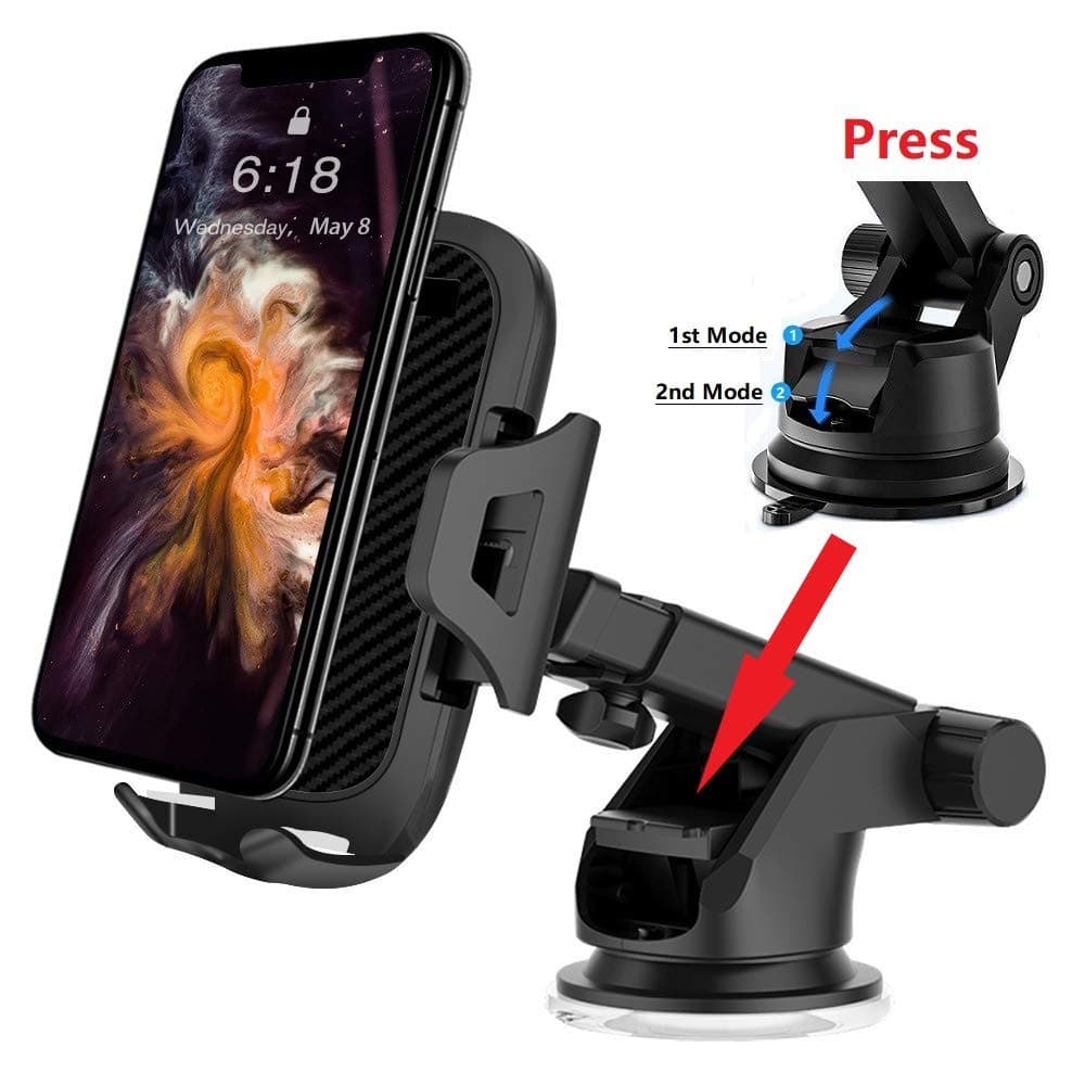 Car Phone Mount Holder,Multi Function Extendable Holder Arm for Car Dashboard Air Vent Windshield, 2 Suction Levels,Washable Gel Pad Compatible iPhone XR/XS/Max/X/8/7 Galaxy and More Black