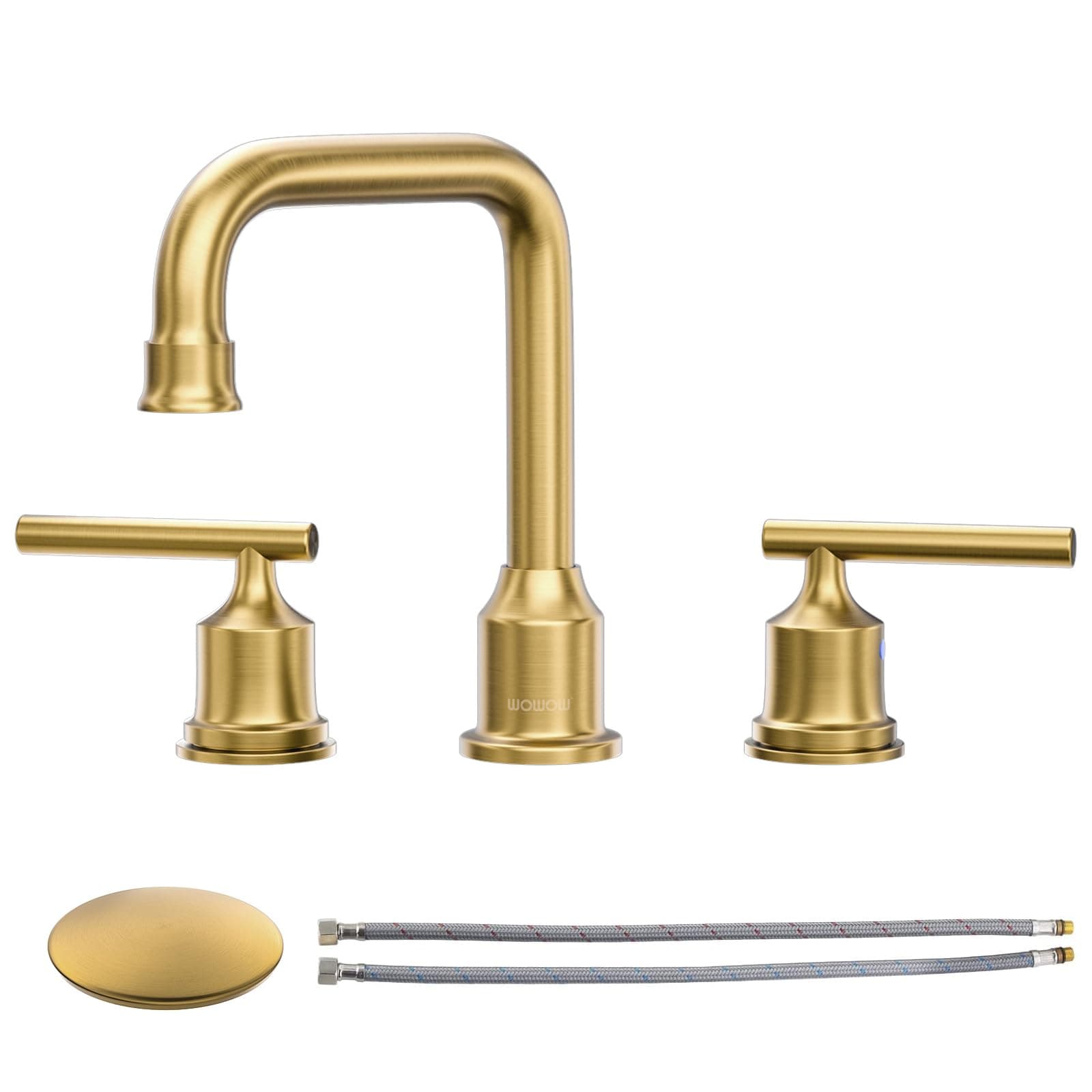 WOWOW Brushed Gold Bathroom Faucet Widespread Bathroom Sink Faucet 2 Handle Lavatory Tap 3 Holes with Drain and Supply Hoses Mordern Basin Taps