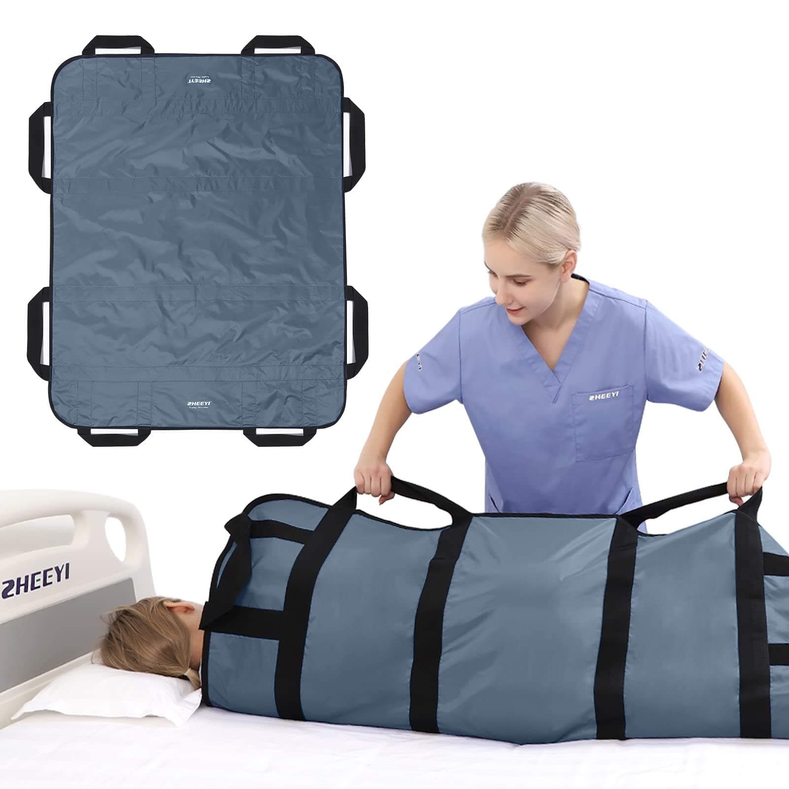 Multipurpose 48" x 40" Positioning Bed Pad with Reinforced Handles - Reusable & Washable Patient Sheet for Turning, Lifting & Repositioning - Double-Sided Nylon Fabric, Gray