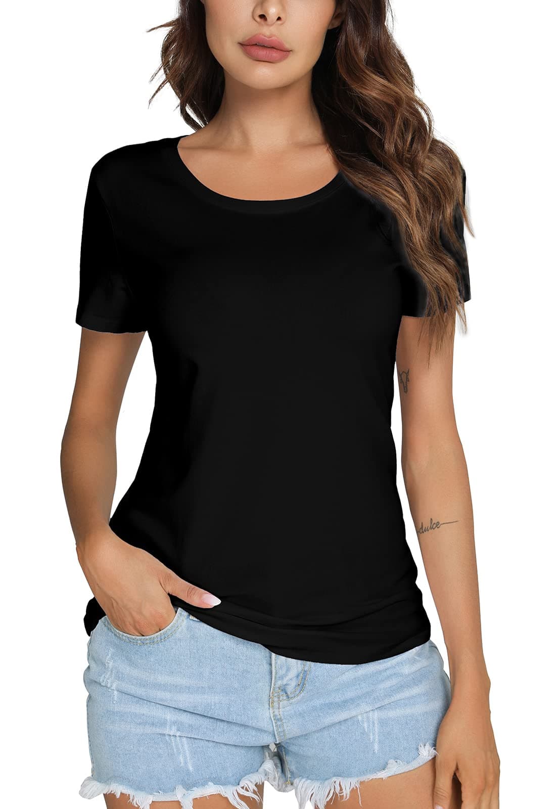 LOVFEE Women's Slim Fit Solid Color Short Sleeve Tee Tops Basic Cotton t-Shirt