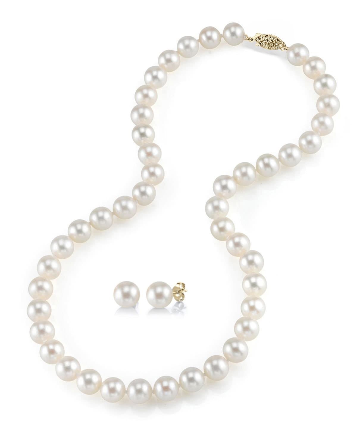 The Pearl Source 14K Gold 7-8mm Round White Freshwater Cultured Pearl Necklace & Earrings Set in 18" Princess Length for Women