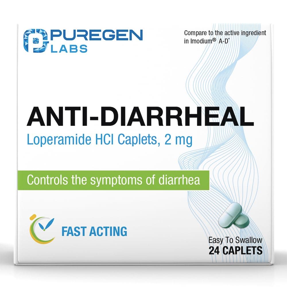 Puregen Labs Anti-Diarrheal Caplets - 24 Count - 2 mg Loperamide Hydrochloride - Easy-to-Swallow Anti-Diarrhea Pills - Diarrhea and Stomach Relief - Control Symptoms of Diarrhea