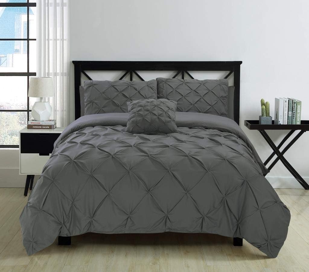 Fixtex Pinch Pleat Pintuck Duvet Cover Set with Fitted Sheet & Pillow Cases Includes Complementary Cushion Cover – Set of 5 (Double, Charcoal)