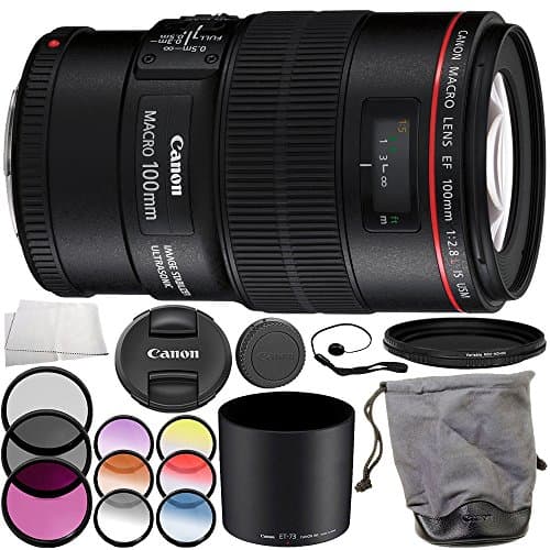 Canon EF 100mm f/2.8L Macro IS USM Lens Accessory Bundle – Includes Manufacturer Accessories + 3 Piece Filter Kit (UV + CPL + FLD) + MORE (Renewed)