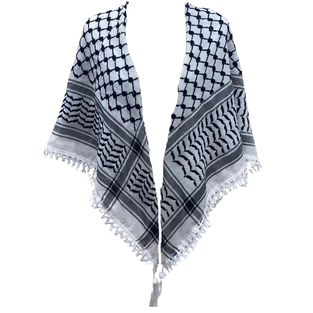 Palestinian Elegance Keffiyeh with Sharshoba from Ramallah Palestine., Black/White, 47 x 47