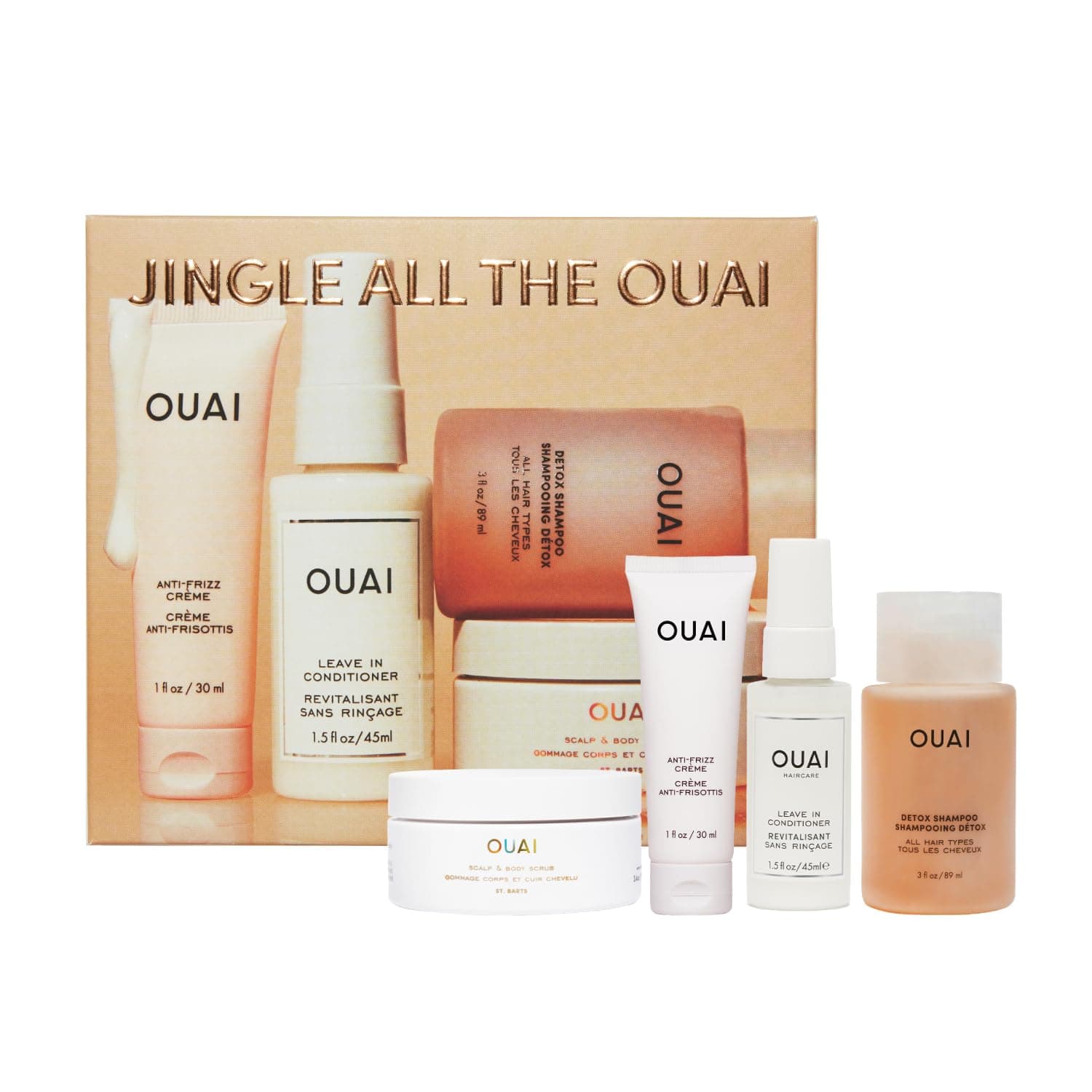 OUAI Gift Set - Travel Size Hair & Body Care Set - Includes Detox Shampoo, Deluxe Anti Frizz Cream, Leave In Conditioner, Scalp & Body Scrub (4 Count)