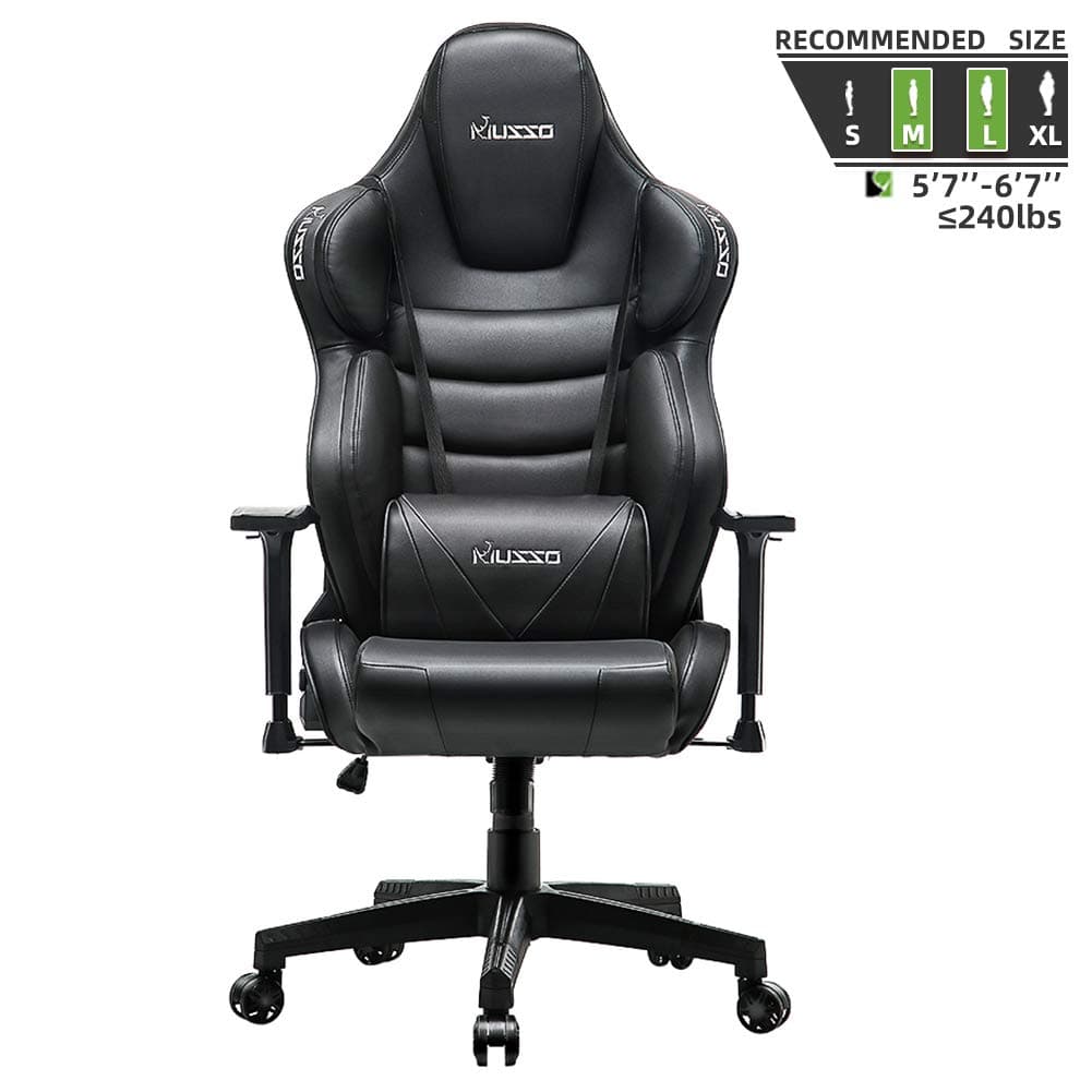 Musso Big & Tall Contoured Gaming Chair Adjustable Racing Style Computer Chair with Fully Foam, Premium PU Leather Executive Office Chair with Lumbar Support (Black)