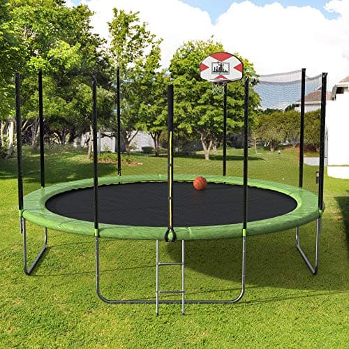 DERCASS Jump Power 14ft 15ft Round Trampoline with Safety Enclosure Net,Basketball Hoop and Ladder