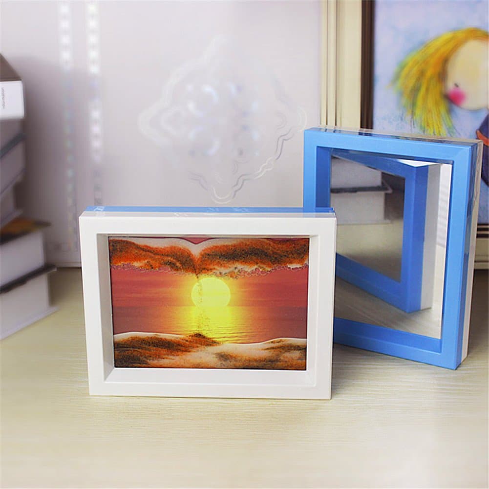 Queenie Framed Sand Art Dynamic Moving Sand Picture Sun Rising Scenery Hourglass Desktop Art with Beauty Mirror