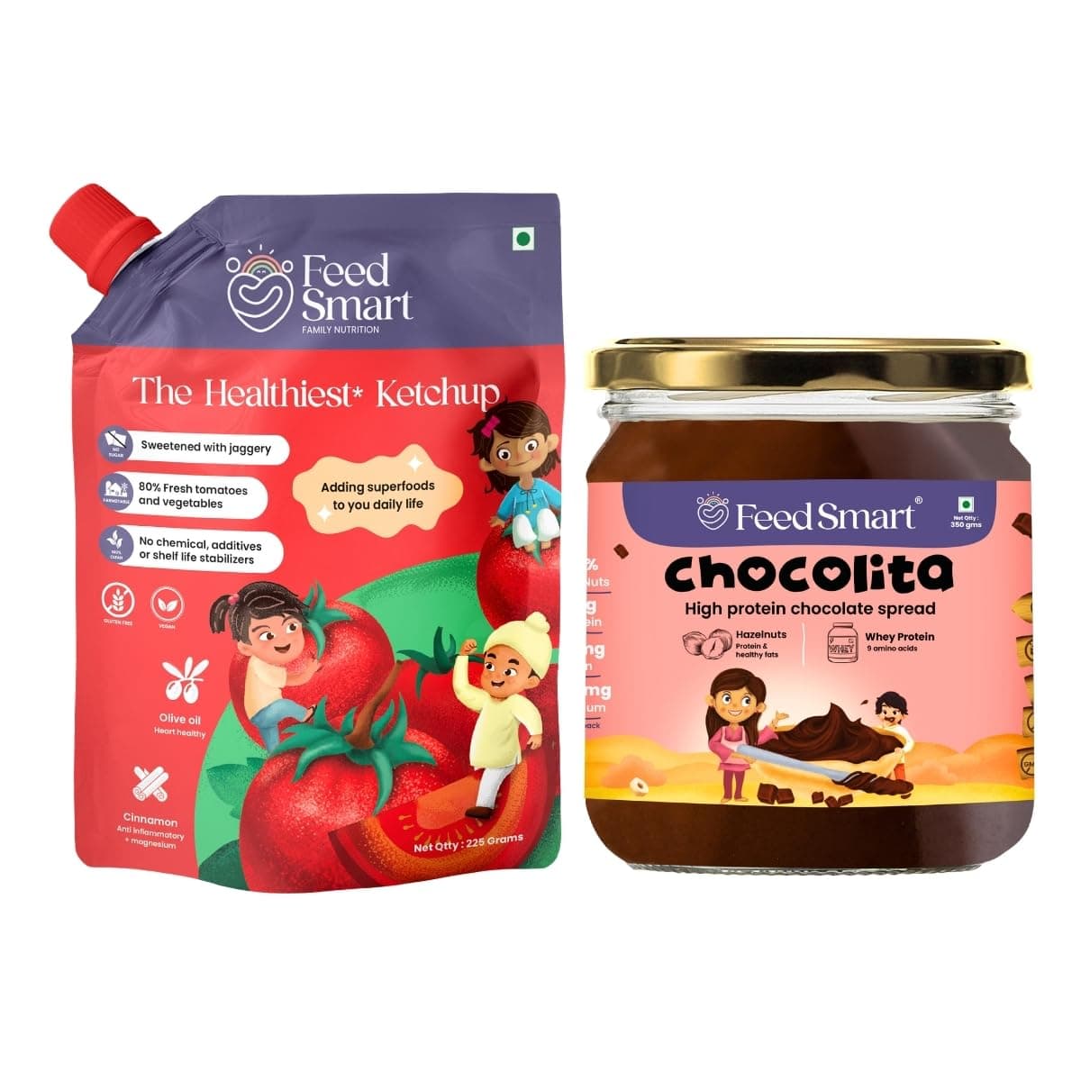 Feed Smart Can't Get Enough Combo Small | The Healthiest Ketchup with 80% Fresh Tomatoes & No Sugar And Healthy Chocolita Chocolate Spread with High Protein & No White Sugar (Large)