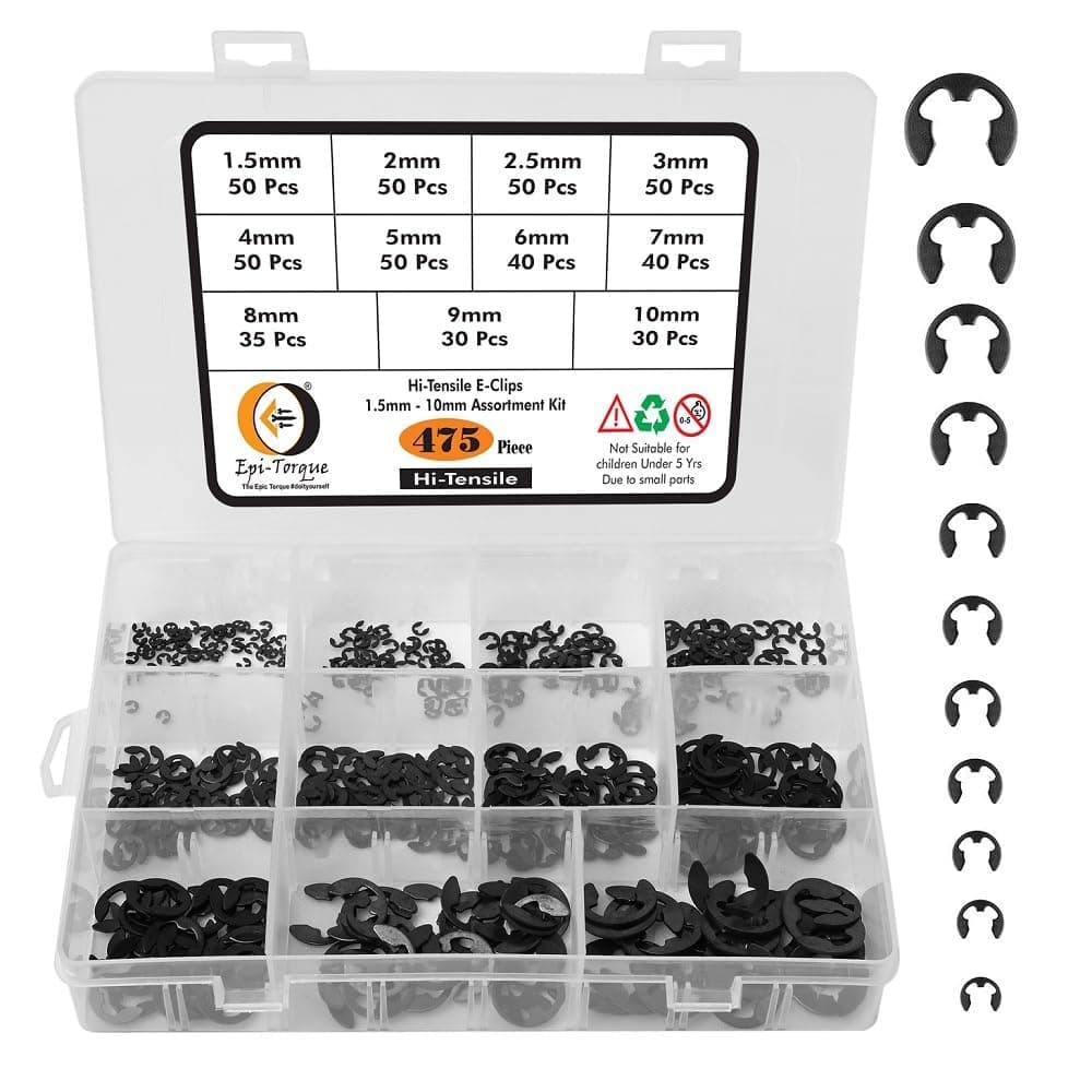 E-Clip Assortment Set | 475 PCS, 11 Sizes, Heat Treated External Retaining Clips, 1.5-10MM | High Carbon Steel Circlip Kit, Anti Walk Washers, Retaining Rings