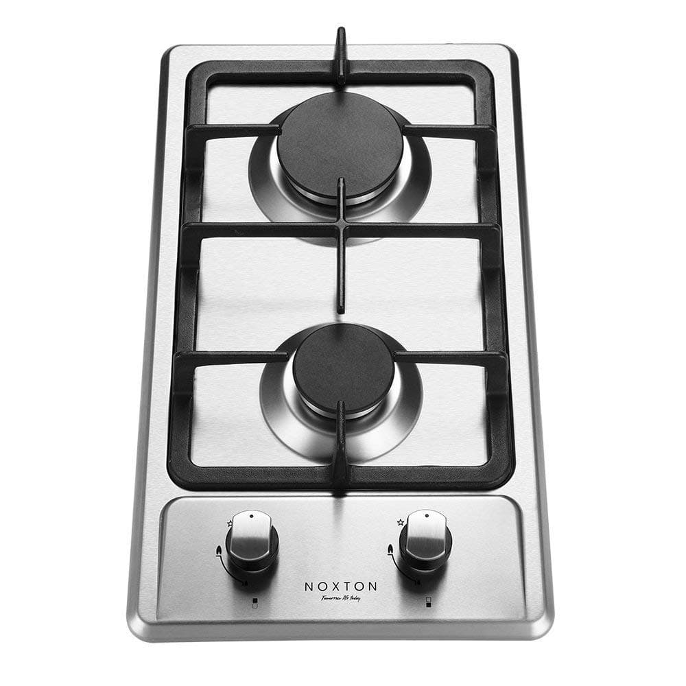 Noxton Gas Hob 2 Burner, Built-in Gas Cooker Plug & Go, Stainless Steel Easy to Clean, Cast Iron Pan Support, Flame Out Protection Prevent Gas Leakage, LPG/NG Kit [Energy Class A]