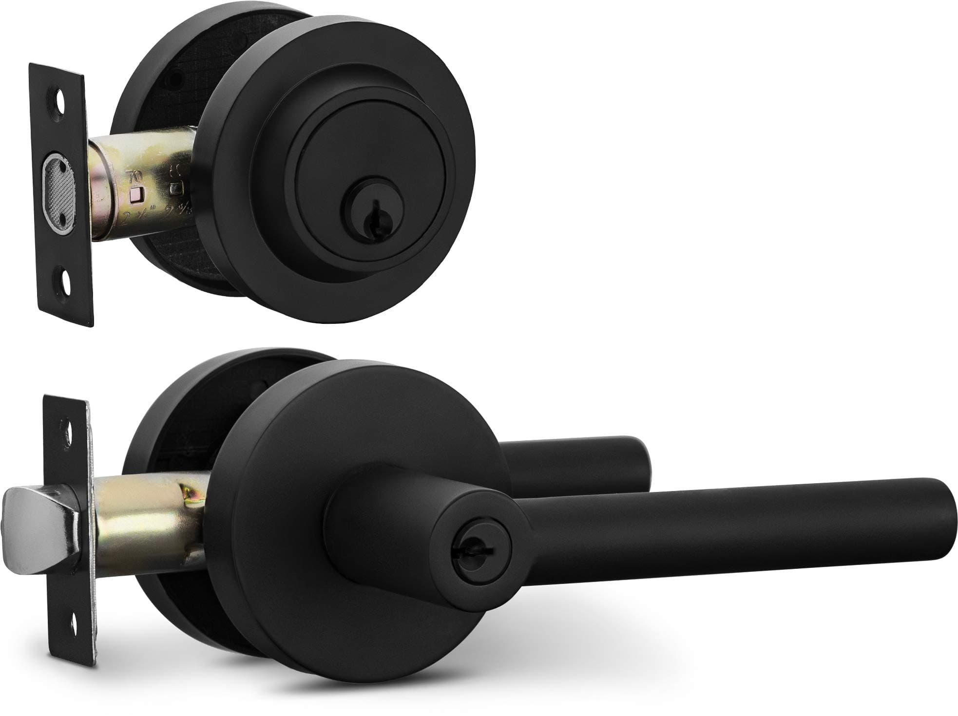 Berlin Modisch Entry Lever Door Handle and Single Cylinder Deadbolt Lock and Key Sleek Round Locking Lever Handle Set [Front Door or Office] Right & Left Sided Doors Heavy Duty – Iron Black Finish