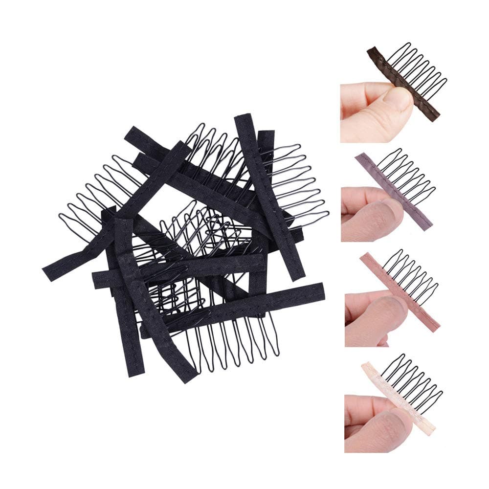 YANTAISIYU (24 pieces, Black) - Wig Combs for Making Wig Caps 7-teeth Wig Clips Steel Teeth with Cloth Wig Combs for Hairpiece Caps Wig Accessories Tools Wig Clips for Wig 24 pcs/lot(Black)