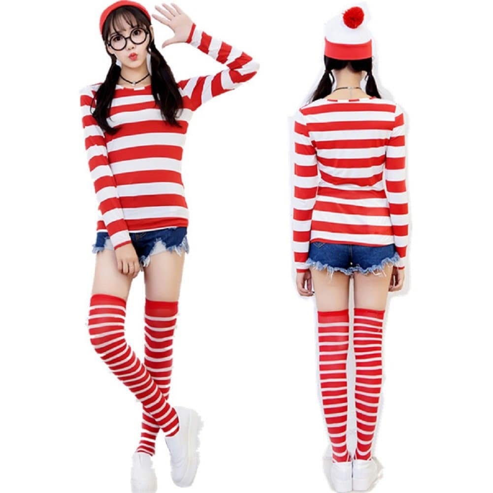 Mocona Women Where's Waldo Costume Funny Sweatshirt Outfit Glasses Suits