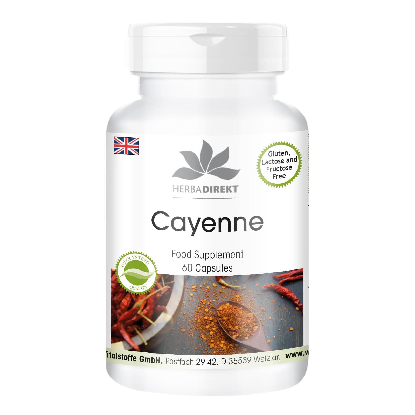 Cayenne Pepper Capsicum - with Capsaicin - 60 Capsules - Vegan | HERBADIREKT by Warnke Vitalstoffe - German Pharmacy Quality