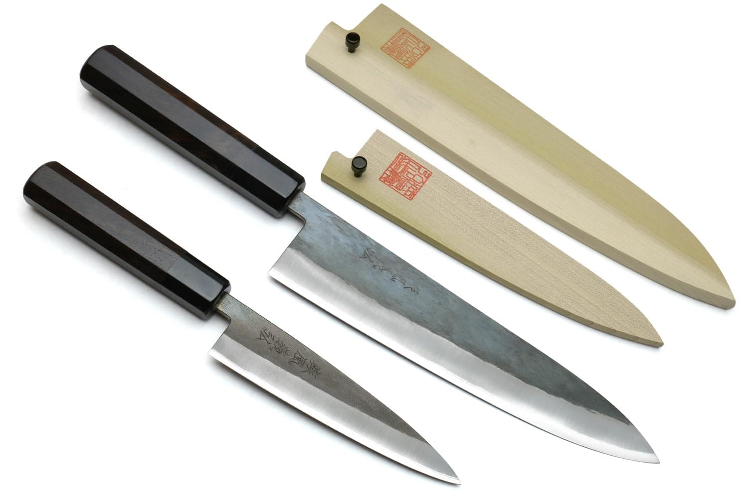 Kurouchi Black-Forged Blue Steel Stainless Clad Gyuto Chefs Knife and Petty Utility Knife 2pc Set Ebony Handle (Gyuto 210mm & Petty 135mm)