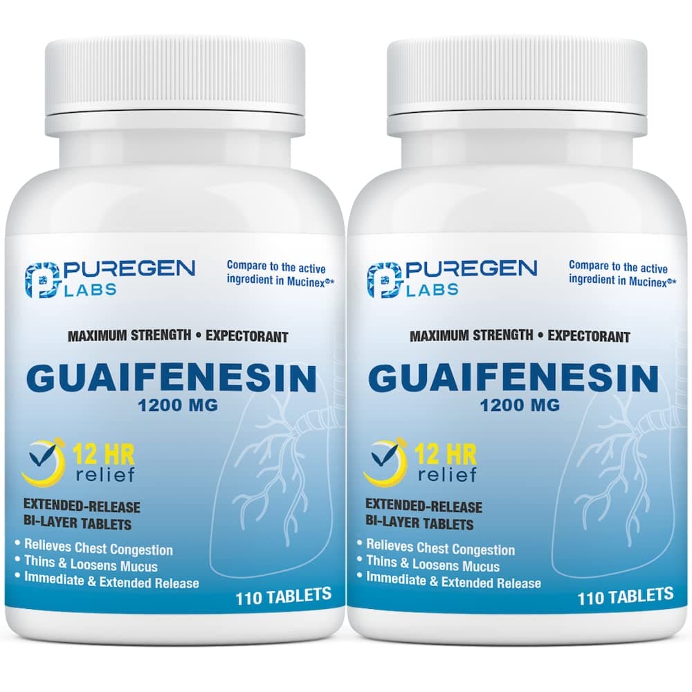 Puregen Labs Mucus Relief 12 Hour Extended Release Guaifenesin 1200mg Maximum Strength | Total 220 Tablets | Relief from Cough, Cold, Nasal & Chest Congestion | Expectorant | Extended Release Tablets
