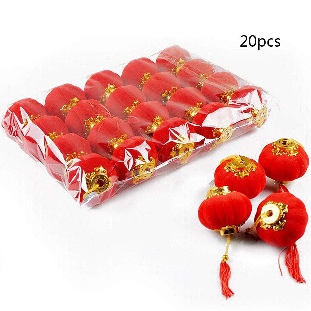 TFTEAM New Year Red Lantern, 20 Pcs Flocking Spring Festival New Year Pendant Chinese Traditional Festival Wedding Restaurant Decoration