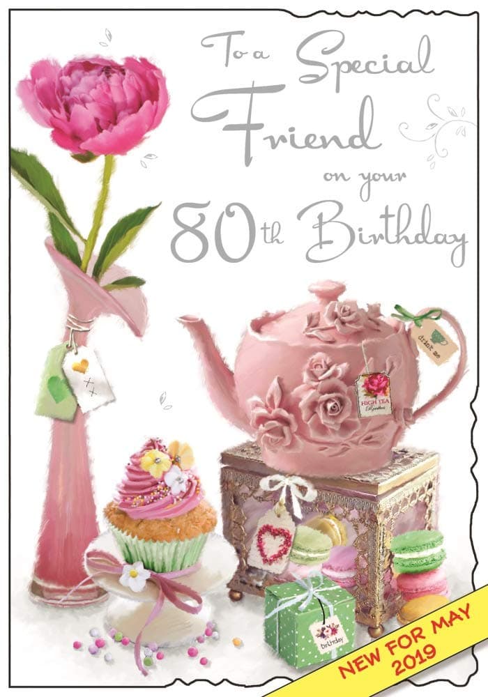Friend 80th Birthday Card - Teapot, Cakes & Flower