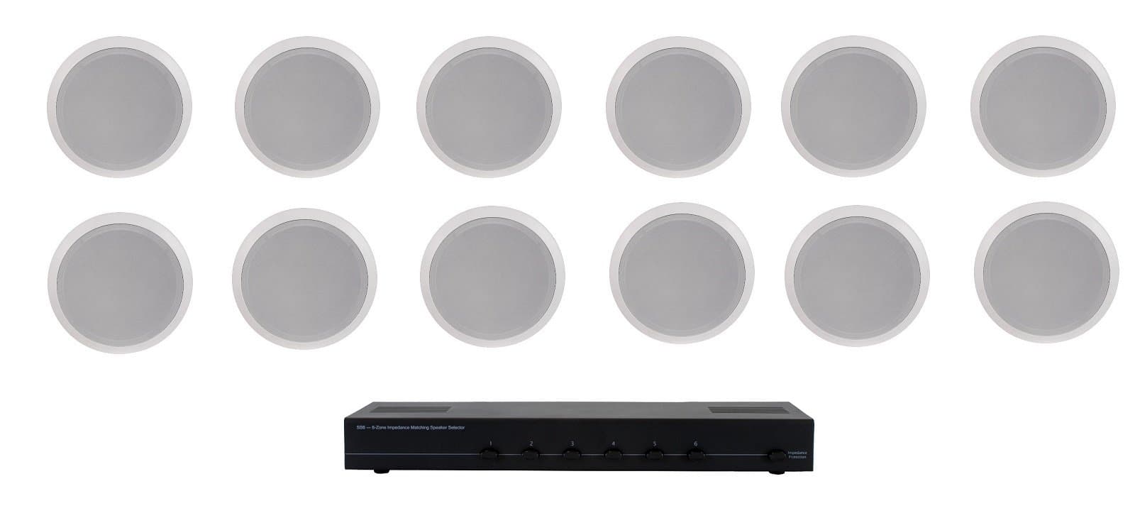 Home Audio Whole House Speaker System- 12 Ceiling Speakers 6PR- Flush 5.25" Round Speakers & Switcher