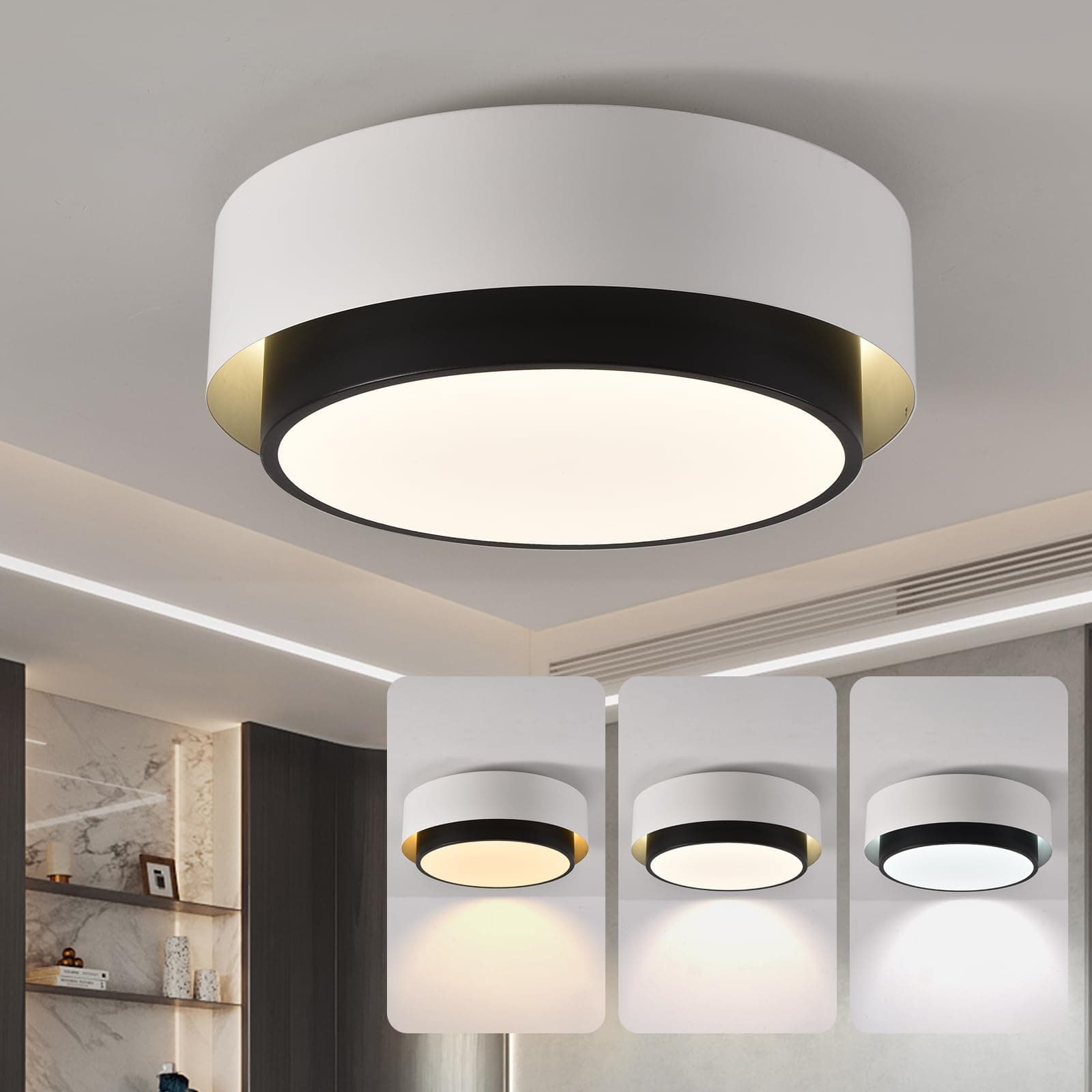 Garwarm LED Ceiling Light, 24W 3-Color Modern Chandelier Lighting, 30cm Small Flush Mount Ceiling Lights Fixture, Black and White Round hallway Lamp for Kitchen Island, Bedroom, Corridor, Dining Room