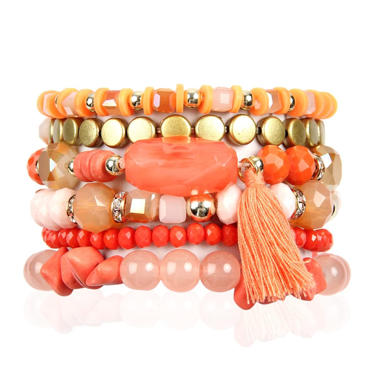 Coin Bead Multi Layer Versatile Statement Bracelets - Stackable Beaded Strand Stretch Bangles Sparkly Crystal, Tassel Charm